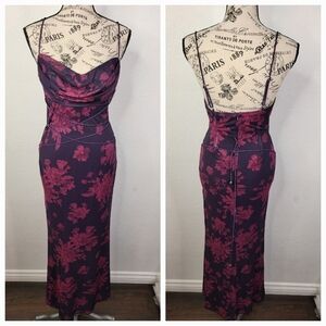One and Only Collective Maxi Slip Dress Grape Floral Pink Cowl Neck Whimsygoth